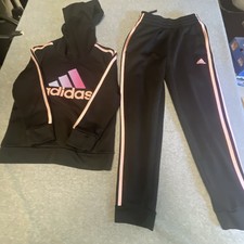 Adidas Kid  s Sweatsuit 2 Piece Black with Pink Stripes Size Small 7/8 Pre Owned