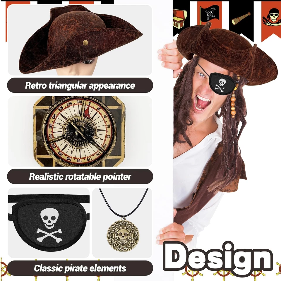 4PCS Brown Pirate Hat,Renaissance Pirate Tricorn Hat set,Novelty Pirate Hat w... - Image 4 of 4