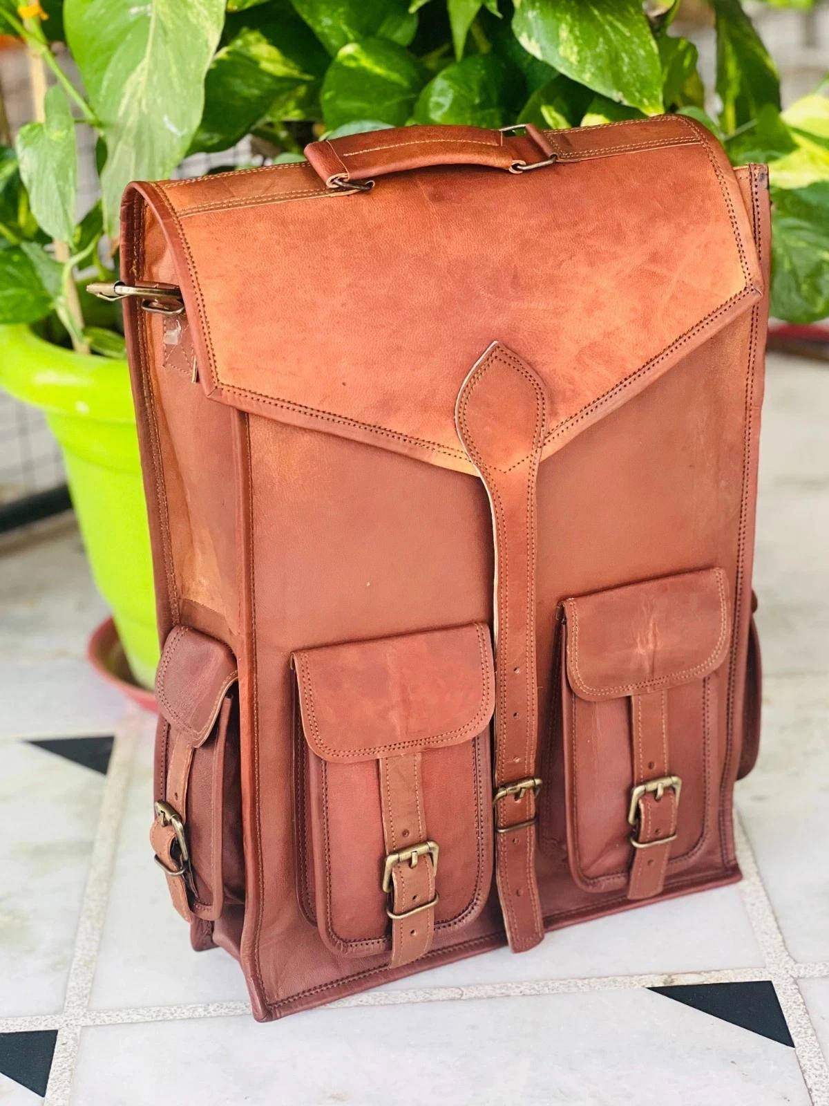 15" Laptop Brown Vintage Leather Backpack Bag Brown Rucksack Travel New Handmade