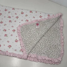 CARTERS Baby Receiving Blanket Pink Floral Leopard Print Ruffle Trim 100% Cotton