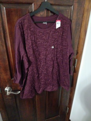 Plus Size Burgundy 3/4 Sleeve Tunic With Lace Detail From Basic Editions Size 2X