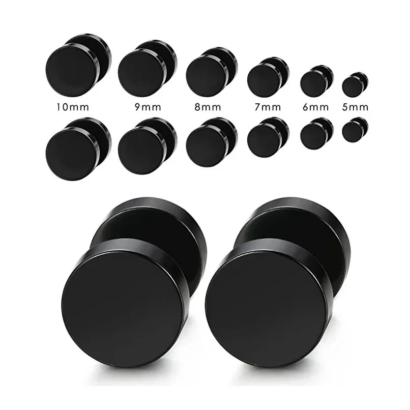 Black Round Stud Earrings Stainless Steel Minimal Shape Piercing Men Jewelry - Image 2 of 4
