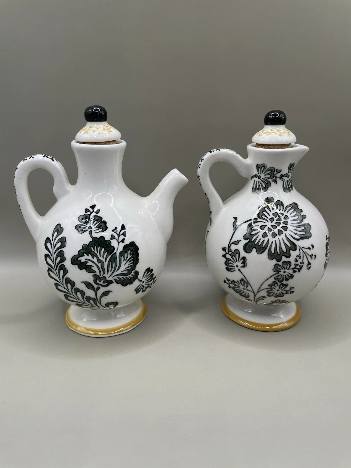 Anthropologie Oil & Vinegar Cruet Set 5.5” Tall 2 Ceramic Bottles Hand Painted