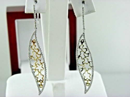 Lace Leaf Drop Dangle Diamond Earrings Two Tone in 14k White & Yellow Gold - Picture 3 of 11