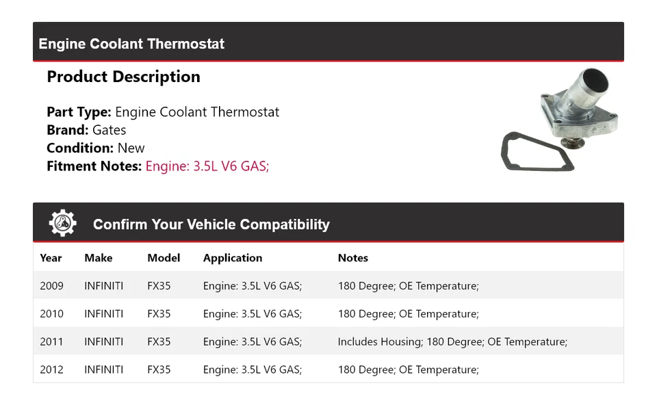 Termostato de refrigerante de motor V6 3,5 L Infiniti FX35 2009-2012 2010 Foto 2 de 4