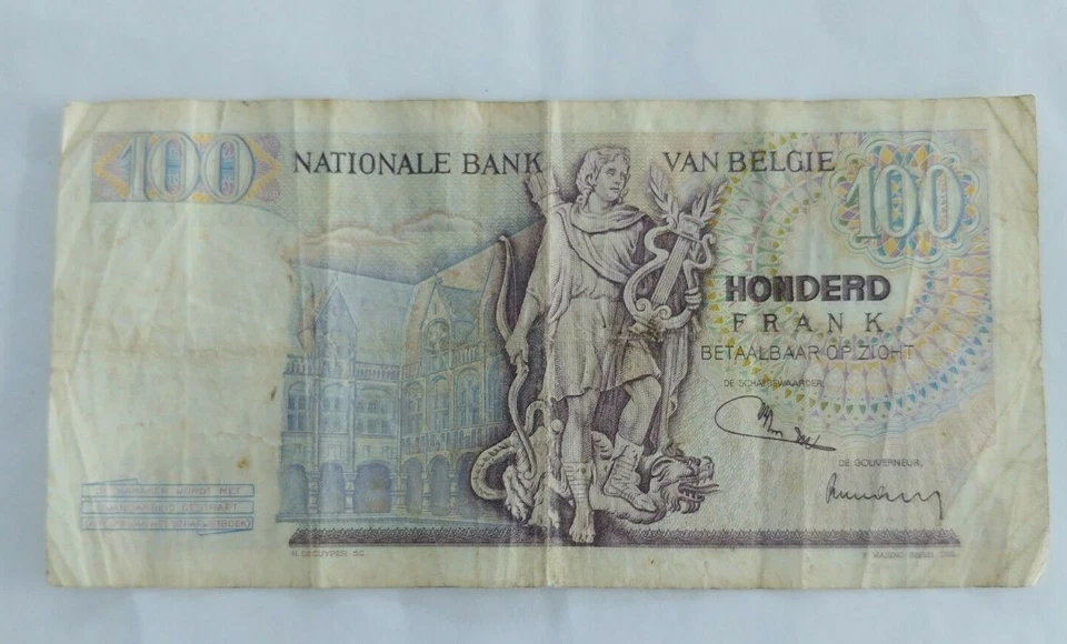 Paper Money Old Worl Belgium 100 Francs 1974 Belgian bank Banque 1940 banknotes  - Image 2 of 2