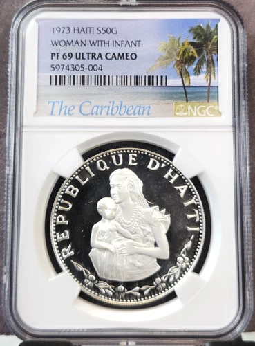 1973 HAITI SILVER 50 GOURDES WOMAN WITH INFANT NGC PF 69 ULTRA CAMEO TOP POP 
