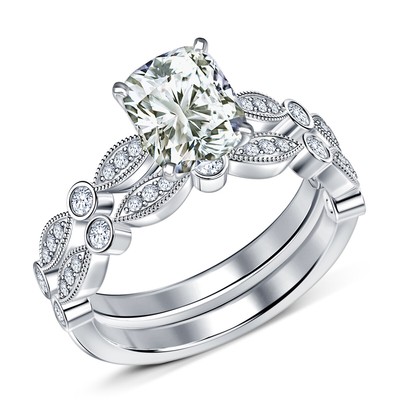 5.56 Ct Cushion Near White Moissanite Diamond Matching Bridal Set silver Ring 