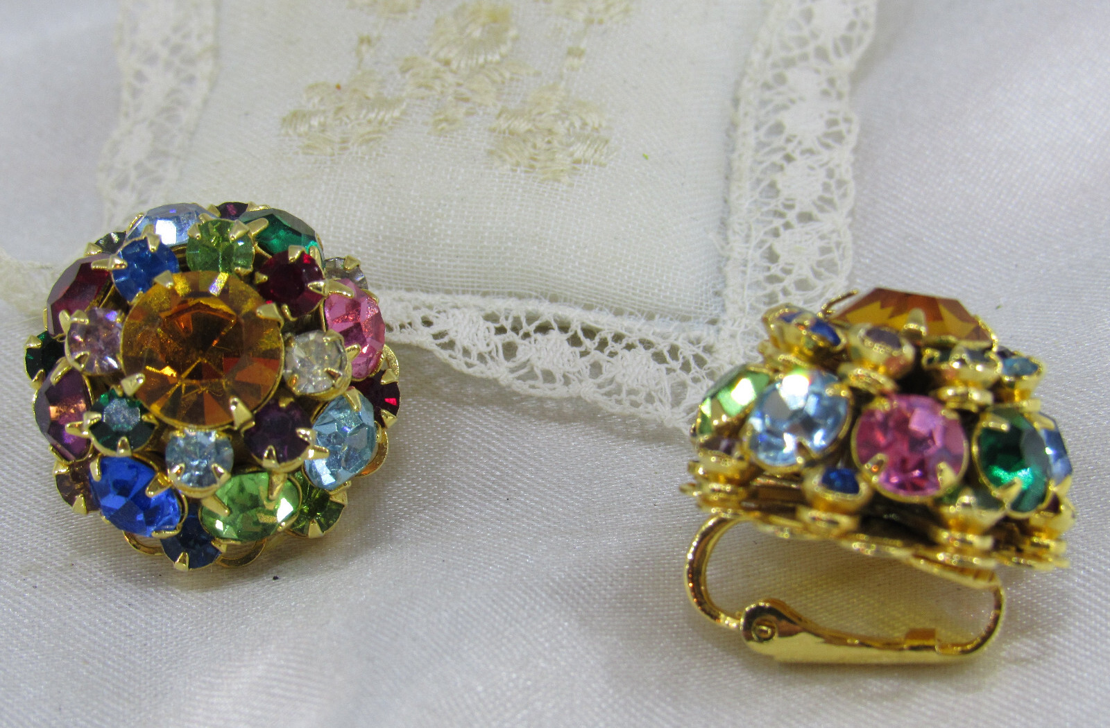 Multi-Colored Rhinestone Signed Judy Lee Gold Tone Clip-On Earrings