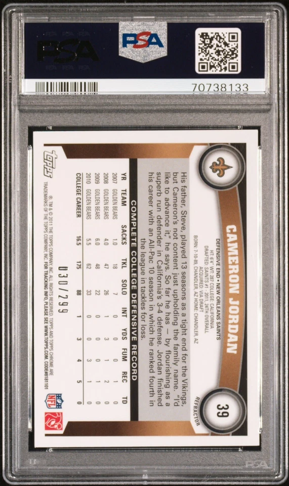 Cameron Jordan Rookie Topps Chrome Black Refractor  PSA 8 NO Saints 30/299 - Image 2 of 2