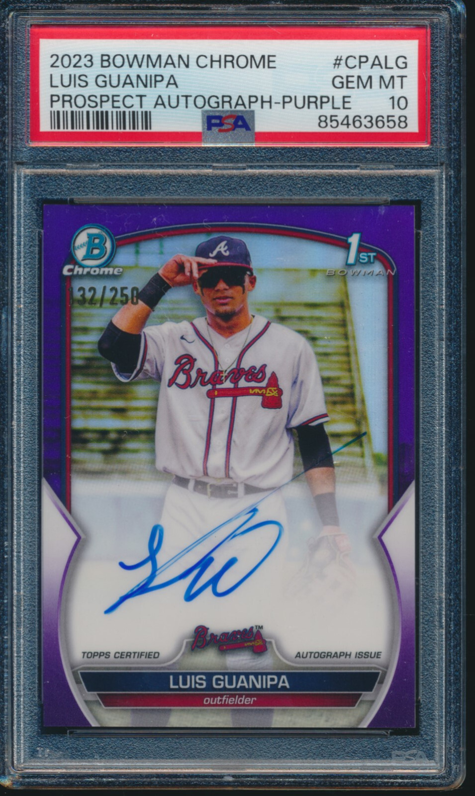 PSA 10 LUIS GUANIPA AUTO 1st 2023 Bowman Chrome PURPLE REFRACTOR/250 RC GEM MINT