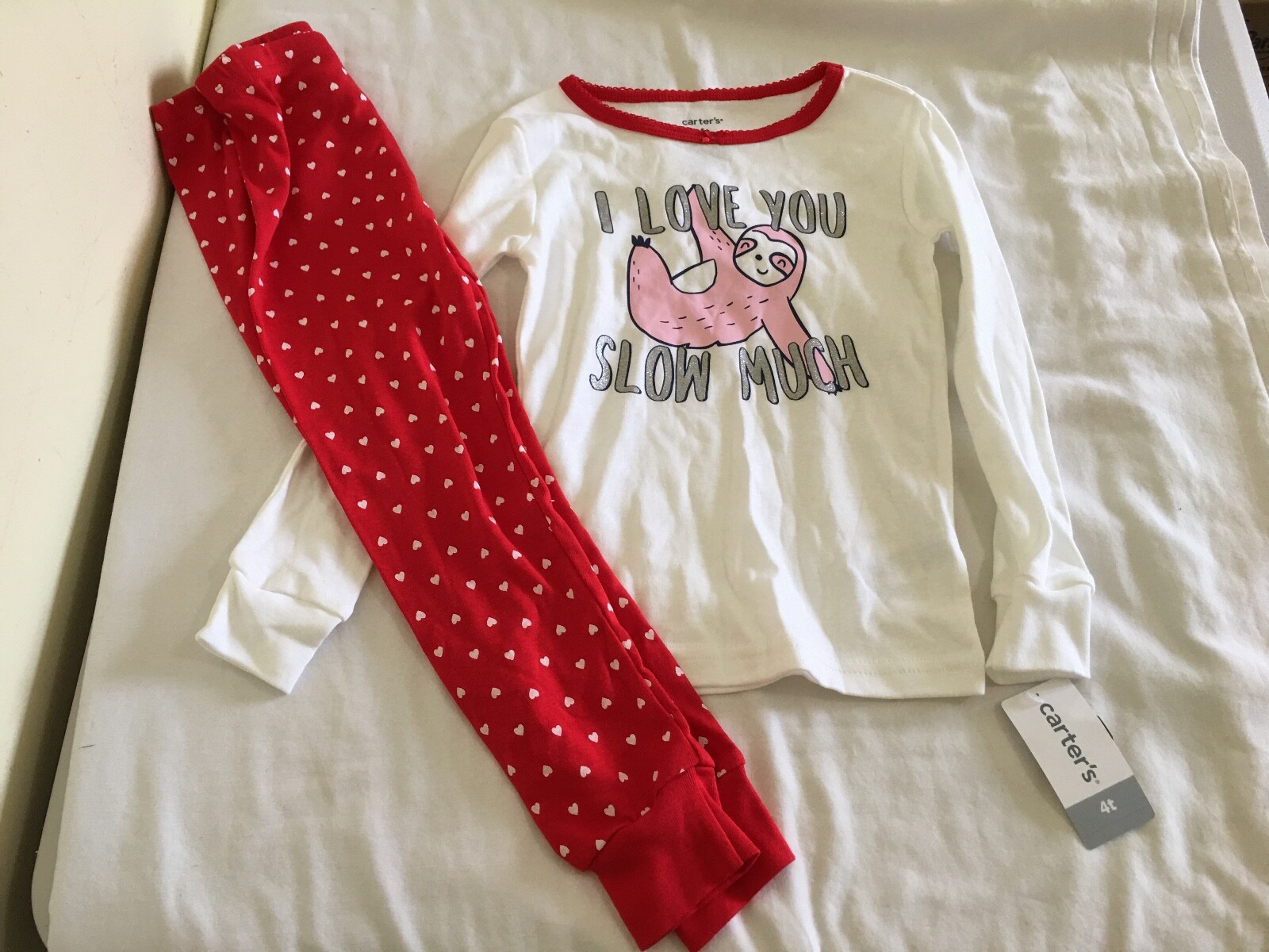 New Carter's Girls Sloth Pajama Set Long Sleeve Long Pants Kids Valentine's Day6