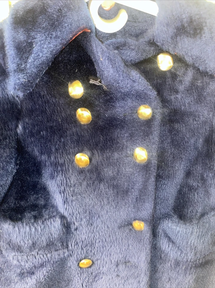 复古 Dyersburg 织物女孩海军蓝双排扣豌豆大衣衬里尺寸 4-6 — 第 2/4 张图片