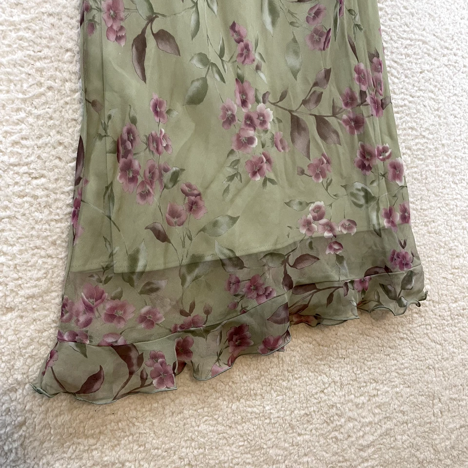 90s Y2K Vintage Midi Dress Large 10 Petite Pistachio Green Floral Chiffon Mesh - Image 4 of 4