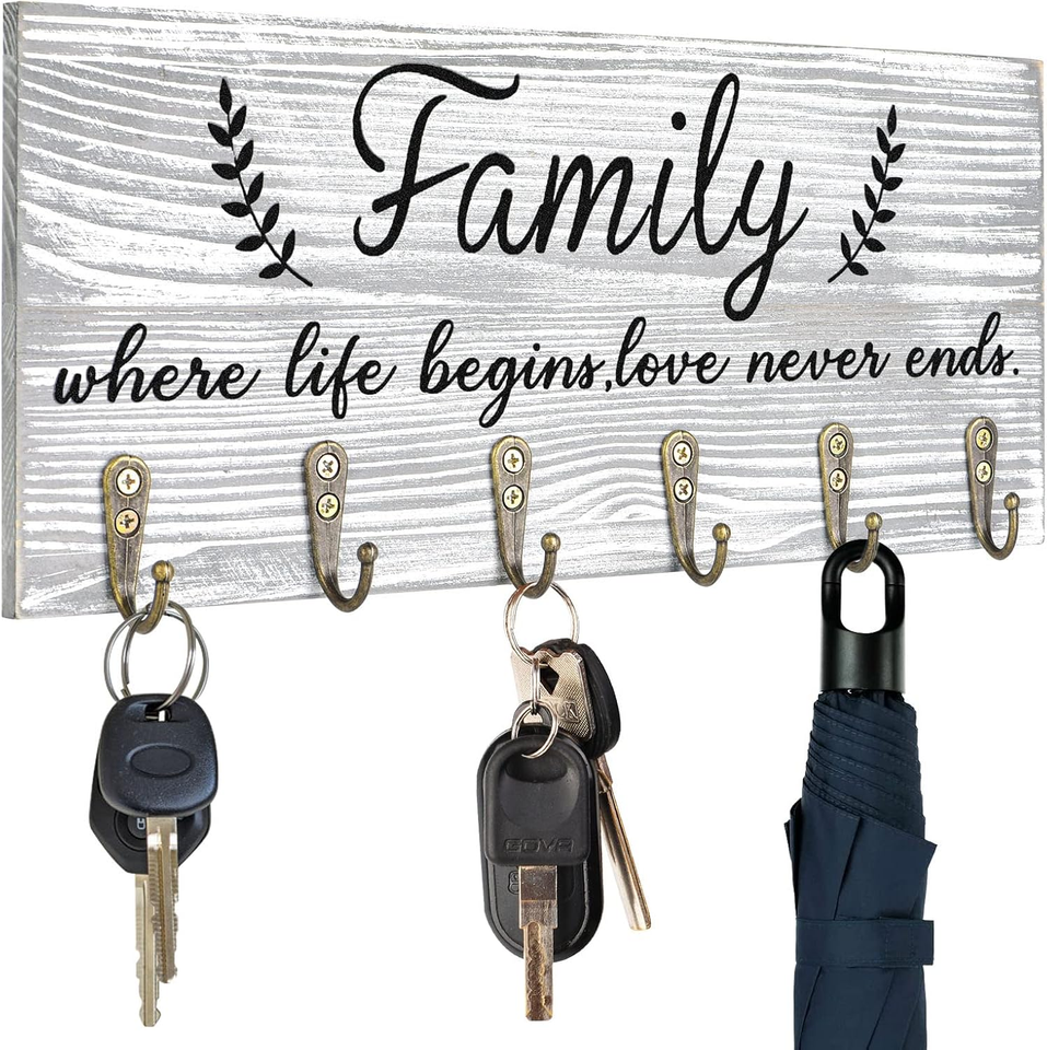 Key Holder Wall Mount Rustic Wooden Key Rack with 6 Hooks for Farmhouse ...