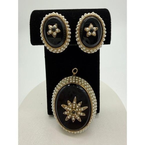 Vintage Victorian Revival Mourning Jewelry Set - Brooch & Clip-On Earrings