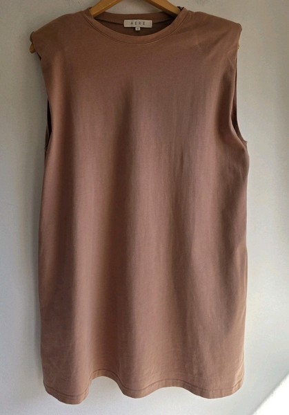 Aere Sleeveless 100% Cotton Tshirt Mini Dress Size 10 Pockets Shoulder Pads