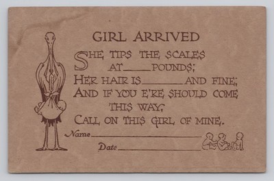 Girl Arrived Baby Announcement Stork with Baby Blank Raymond Howe Postcard