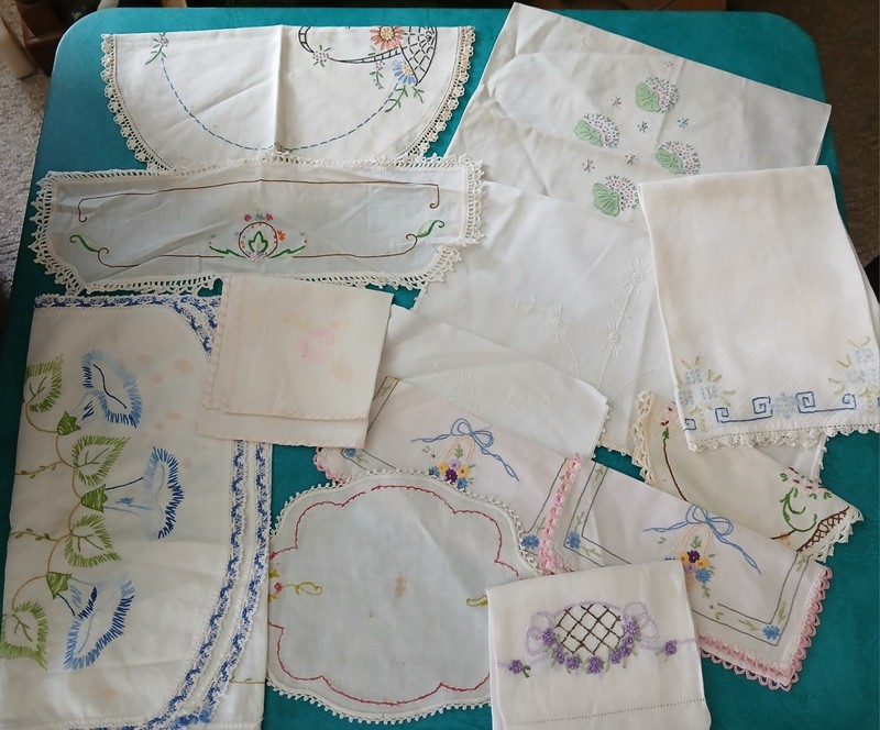 Lot Of 11 Vintage Hand Embroidered Dresser Scarves Table Runners Craft Upcycle