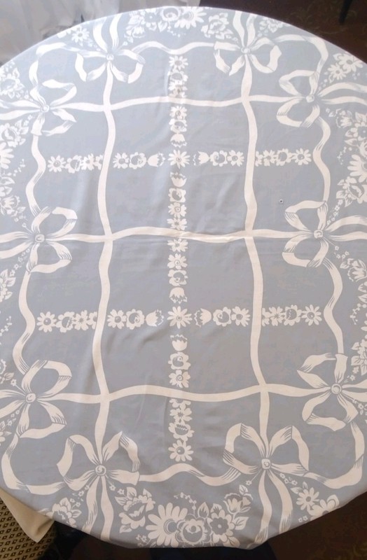Vintage Cotton Tablecloth Blue/Grey w White Ribbons Flowers Bows 49" x 32"