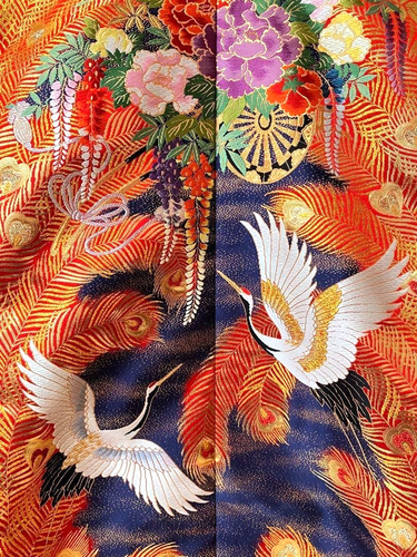 Kimono Uchikake japonés de colección Furisde rojo dorado seda bordado grúa flor - Imagen 5 de 6