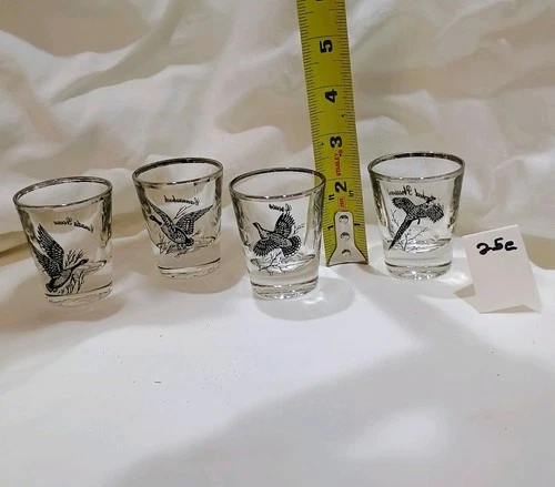 Sportsman Shot Glasses Game Birds Silver Rim Federal Glass Vintage Set 4