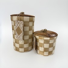 Made In India Tan / Cream / Beige & White w/ Gold Set Of 2 Checkered Canisters