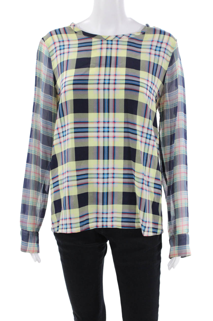 Equipment Femme Womens Silk Plaid Print Round Neck Blouse Multicolor Size S