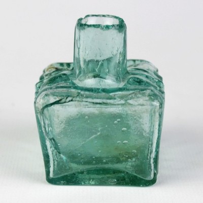 Lyons Aqua Ribbed Ink Bottle, Antique Glass Square 2 Pen Ledges Burst Top, As Is
