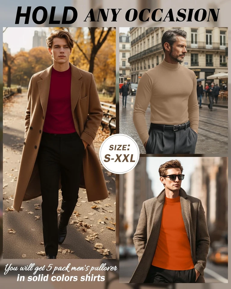 Alley 5 Pack Men's Mock Turtleneck Shirts, Long Sleeve Tops Pullover Basic Ca... - Image 3 of 4