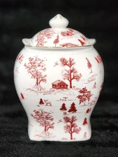 Grace Teaware Winter Village Ginger Jar Canister Red 8" Toile Gold Trim Treat