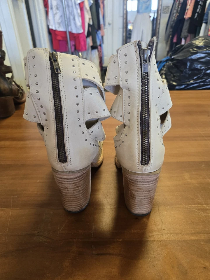 Freebird by Steven Studded Lace-Up Peep Toe Leather Booties Beige Women’s - Image 2 of 4