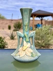 1944 Roseville Pottery #187-7” blue Clematis Bud vase Decorative Art Piece 7.5"