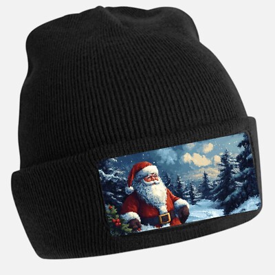 Black Cool Santa Print Beanie Hat - Unisex Cap, Cotton