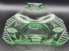 Vintage Green Depression Glass Dish Bowl Handled Folded Sides Etched Flowers