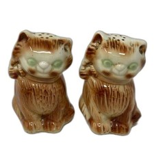 Vintage Green Eyed Chubby Kitty Cat Salt & Pepper Shakers Japan 1940s Kitch