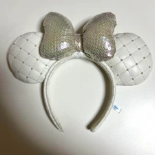 Tokyo Disney Resort Minnie HeadBand White Leather x Pearls Sequins JAPAN #1