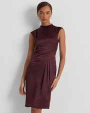 Lauren Ralph Lauren Satin Charmeuse Mock Neck Dress Burgundy 14 NWT $195