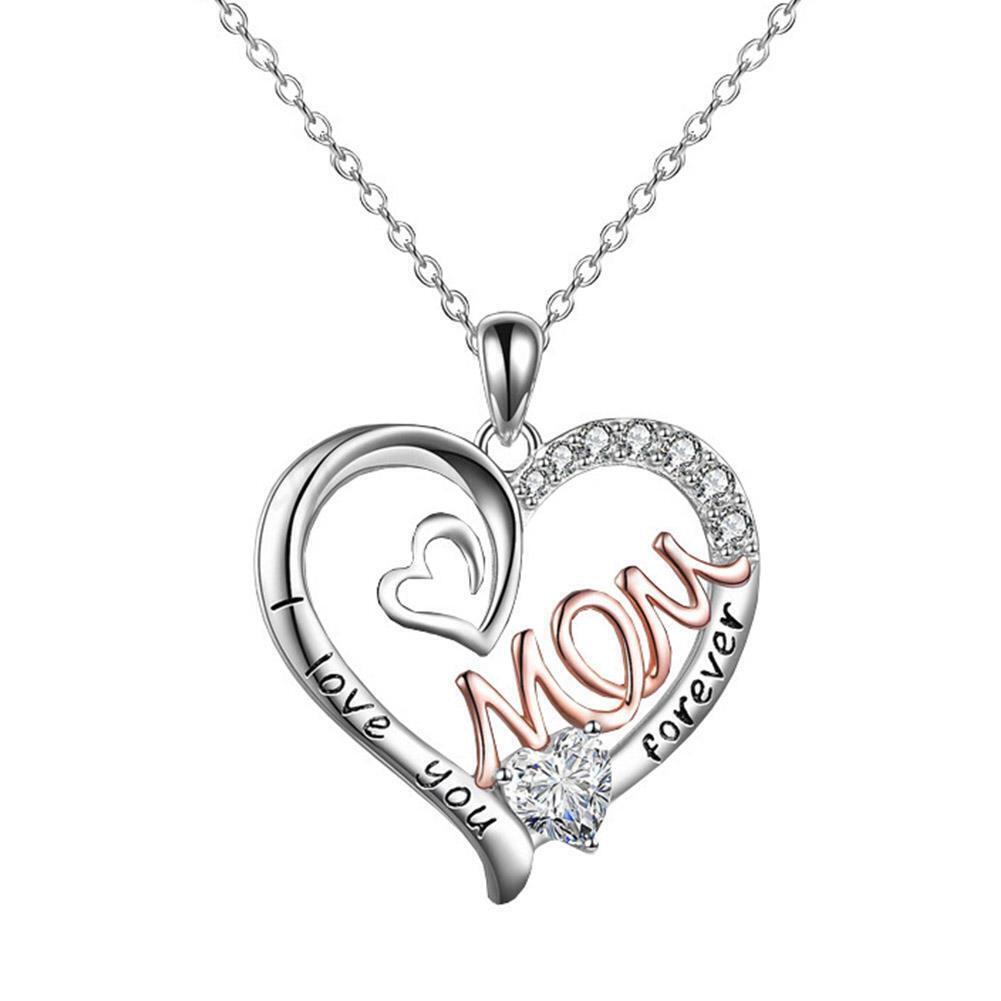 Silver Love Heart Mom Pendant Chain Necklace Cubic Zircon