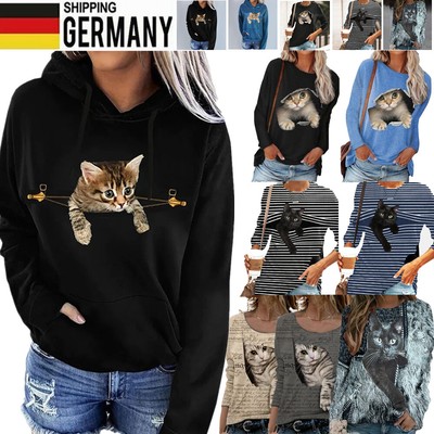 Damen 3D Katze Gedruckt Langarm T-shirt Hoodie Bluse Beiläufig Pullover Tops DE