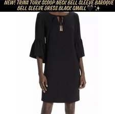 New Trina Turk Carmel Scoop Neck Bell Sleeve Baroque Bell Sleeve Dress Black S🖤