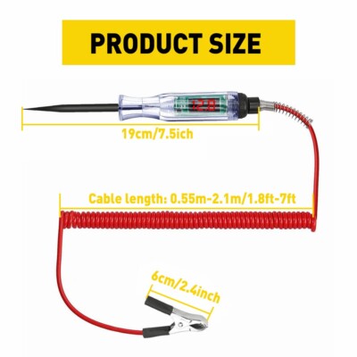 6V-12V-24V Automotive Test Light - Circuit Tester With Sharp Probe & Alligator Clip