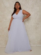 BNWT Chi Chi London Curve Plus Size V-Neck Pleated Maxi Dress Blue UK 18 RRP £90