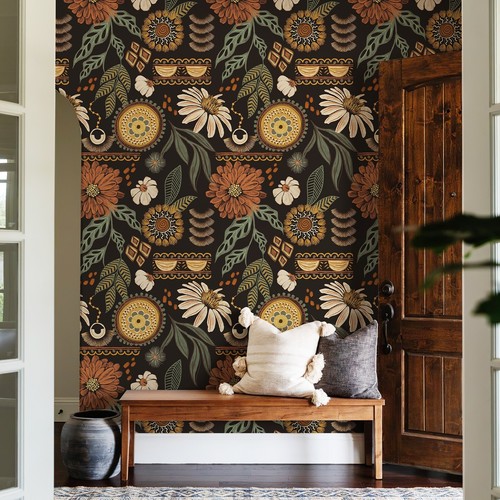 Jiffdiff Boho Peel & Stick Wallpaper Brown Big Sun Floral Wall Mural for Bedroom - Picture 3 of 7