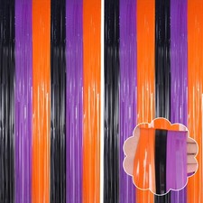 2 Pack Orange Purple Black Halloween Party Decor Foil Fringe Backdrop Curtains
