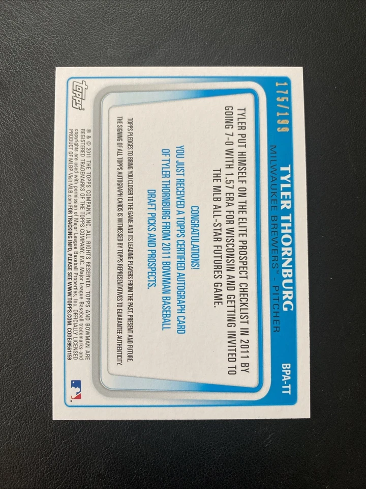 2011 Bowman Draft Prospects # BPA-TT  - Tyler Thornburg AUTO RC Brewers #/199 - Image 4 of 4