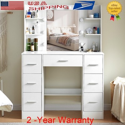 Vanity Table w/ 10 LED Lighted Mirror Makeup Dressing Desk with 7 Drawers White
