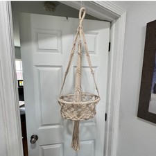 Vintage Boho Macrame Hanging Basket Planter Natural Cream Rope Hanger Tassel 40"