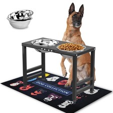 Elevated Dog Feeder with Two Stainless Steel Bowls Metal Stand and Floor Mat