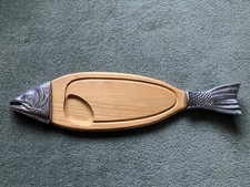 vintage unused fish shaped wooden serving platter / wall ornament with pewter 